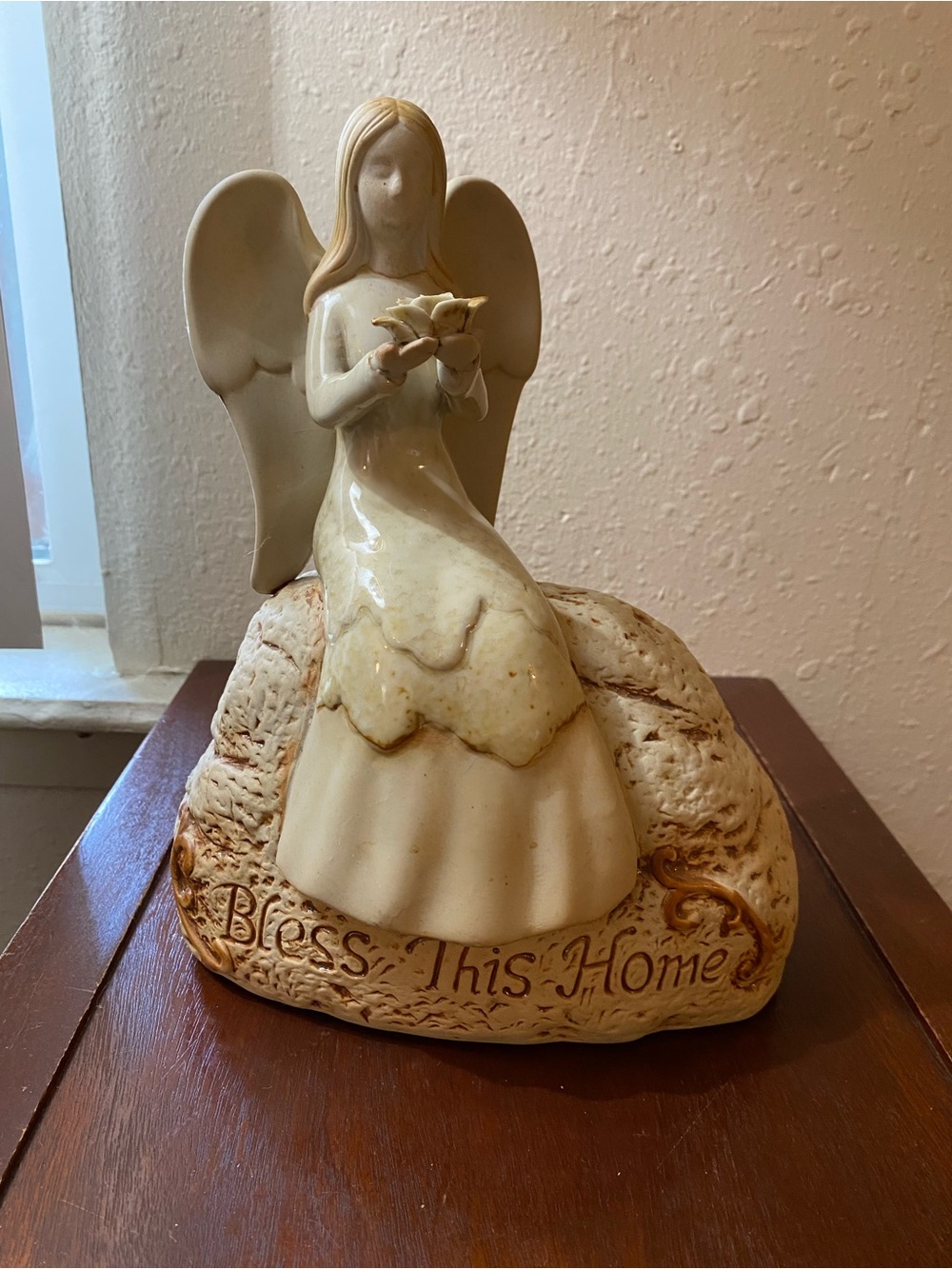 Ceramic Angel Figurine "Bless This Home" in Cream